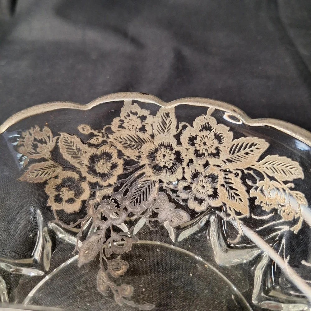 Vintage Silver Overlay Divided‎ Relish Dish Floral Scalloped Candy Bowl 8